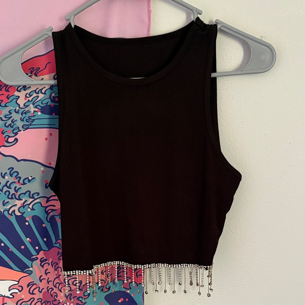 Black Sleeveless Top with Beaded Hem